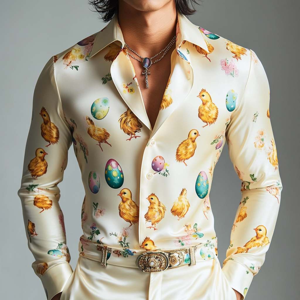 Fashionable and luxurious  exquisite men silk shirt Easter eggs long-sleeved men silk shirt 
