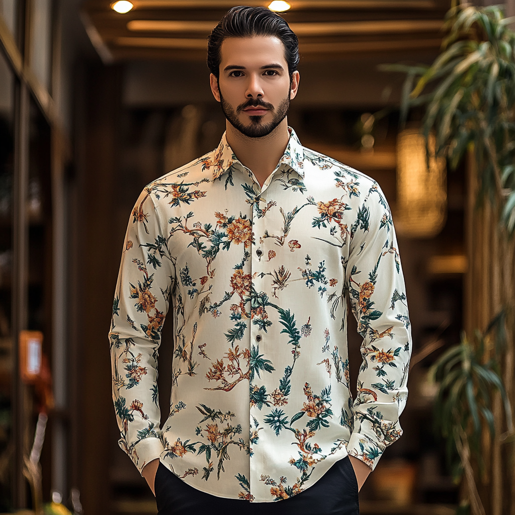 Slim fit flower and bird print men fashion shirt retro minimalis style