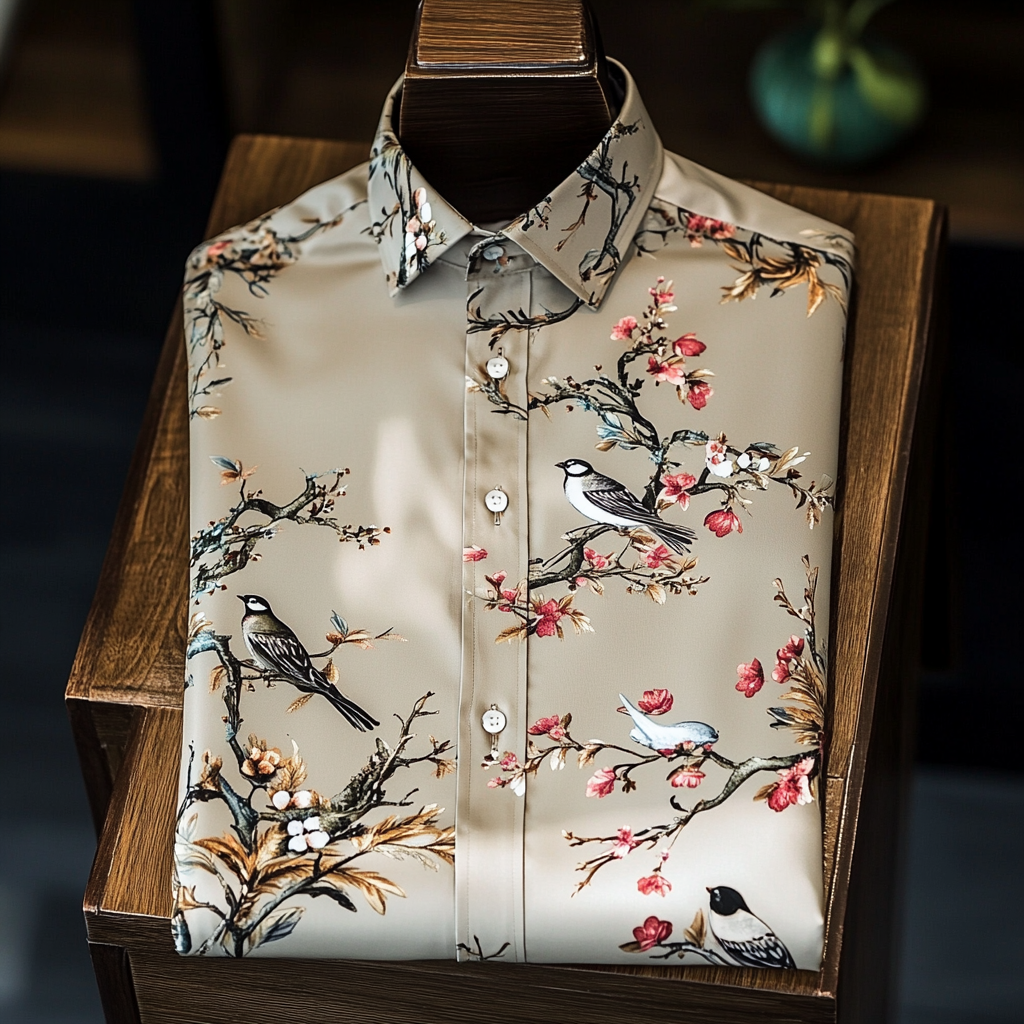 Slim fit flower and bird print men fashion shirt retro minimalis style