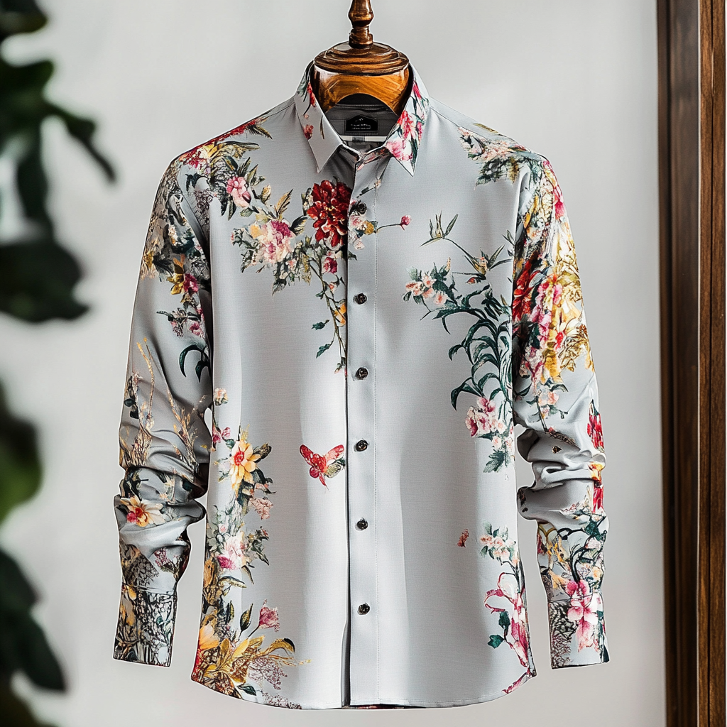 Slim fit flower and bird print men fashion shirt retro minimalis style