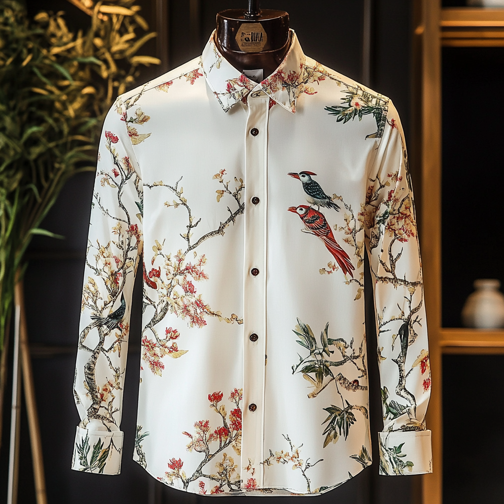 Slim fit flower and bird print men fashion shirt retro minimalis style