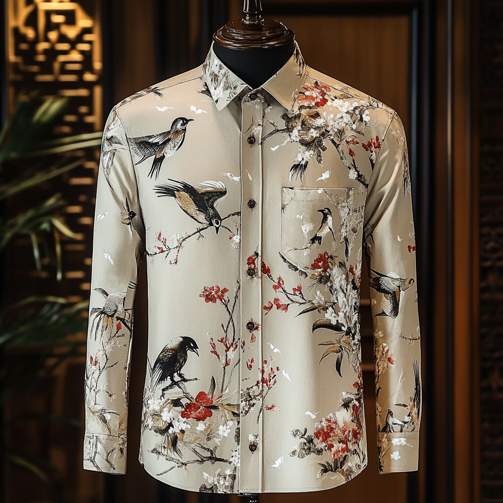 Slim fit flower and bird print men fashion shirt retro minimalis style