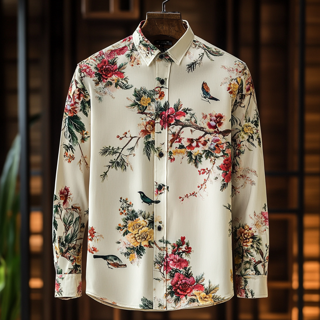 Slim fit flower and bird print men fashion shirt retro minimalis style