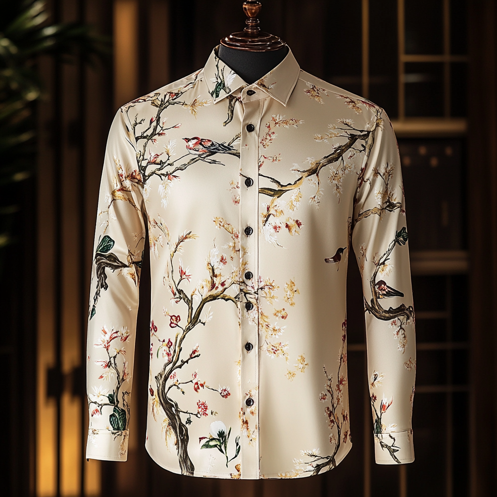 Slim fit flower and bird print men fashion shirt retro minimalis style