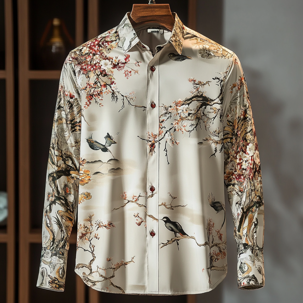 Slim fit flower and bird print men fashion shirt retro minimalis style