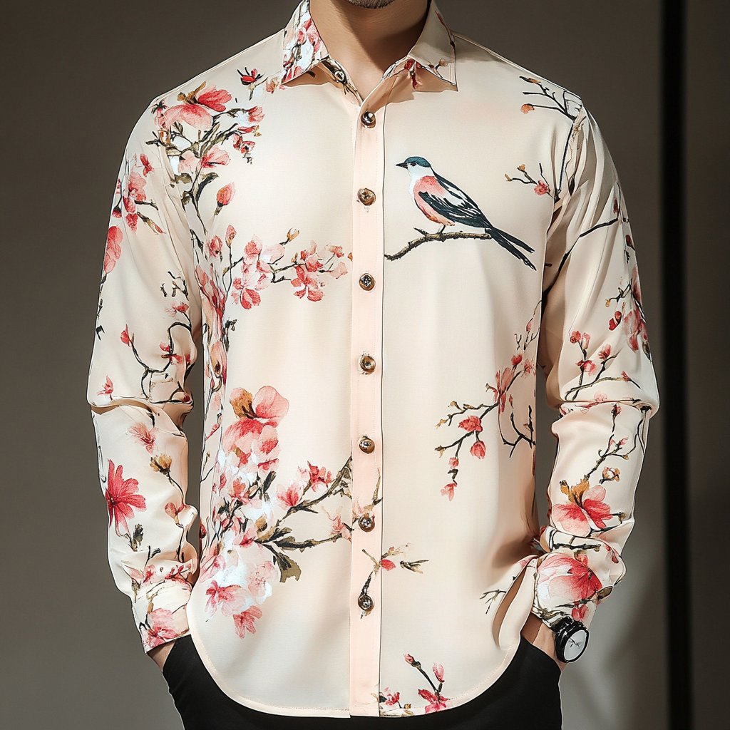 Slim fit flower and bird print men fashion shirt retro minimalis style