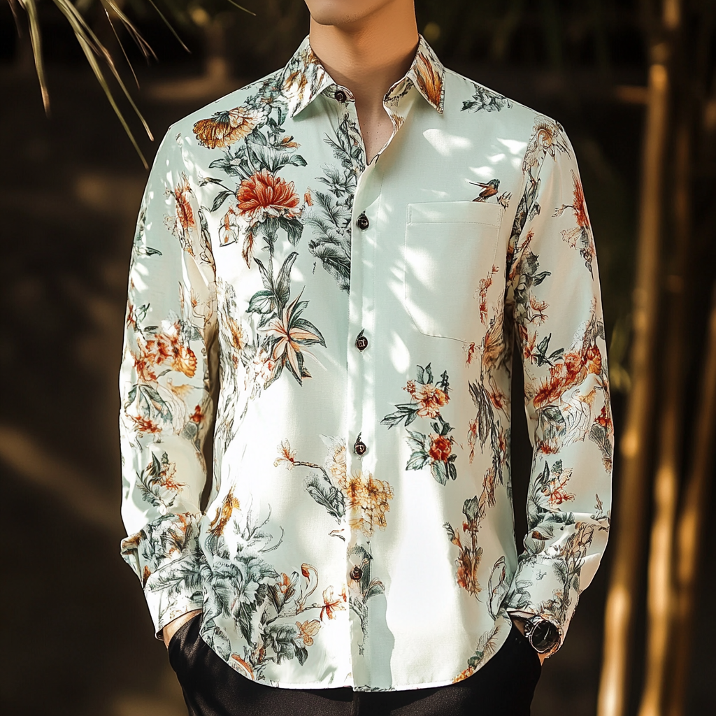 Slim fit flower and bird print men fashion shirt retro minimalis style