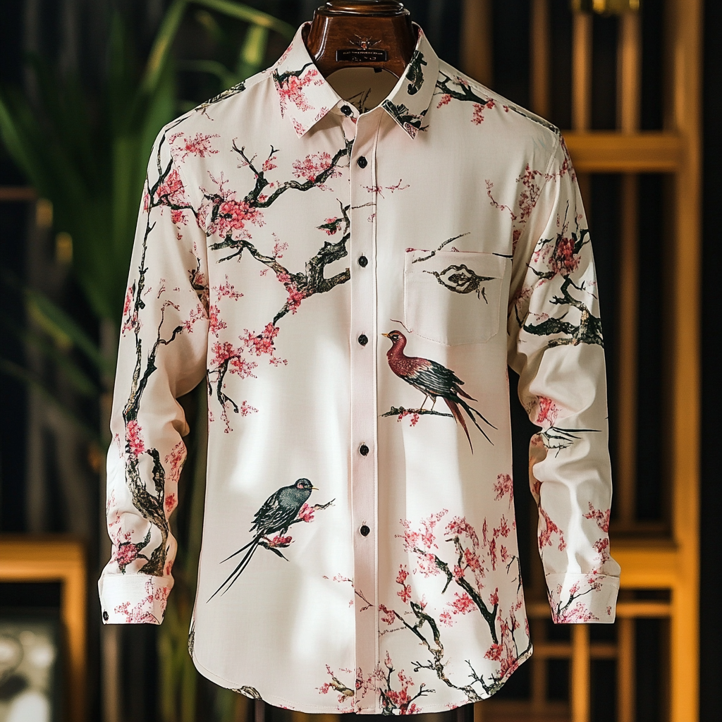 Slim fit flower and bird print men fashion shirt retro minimalis style
