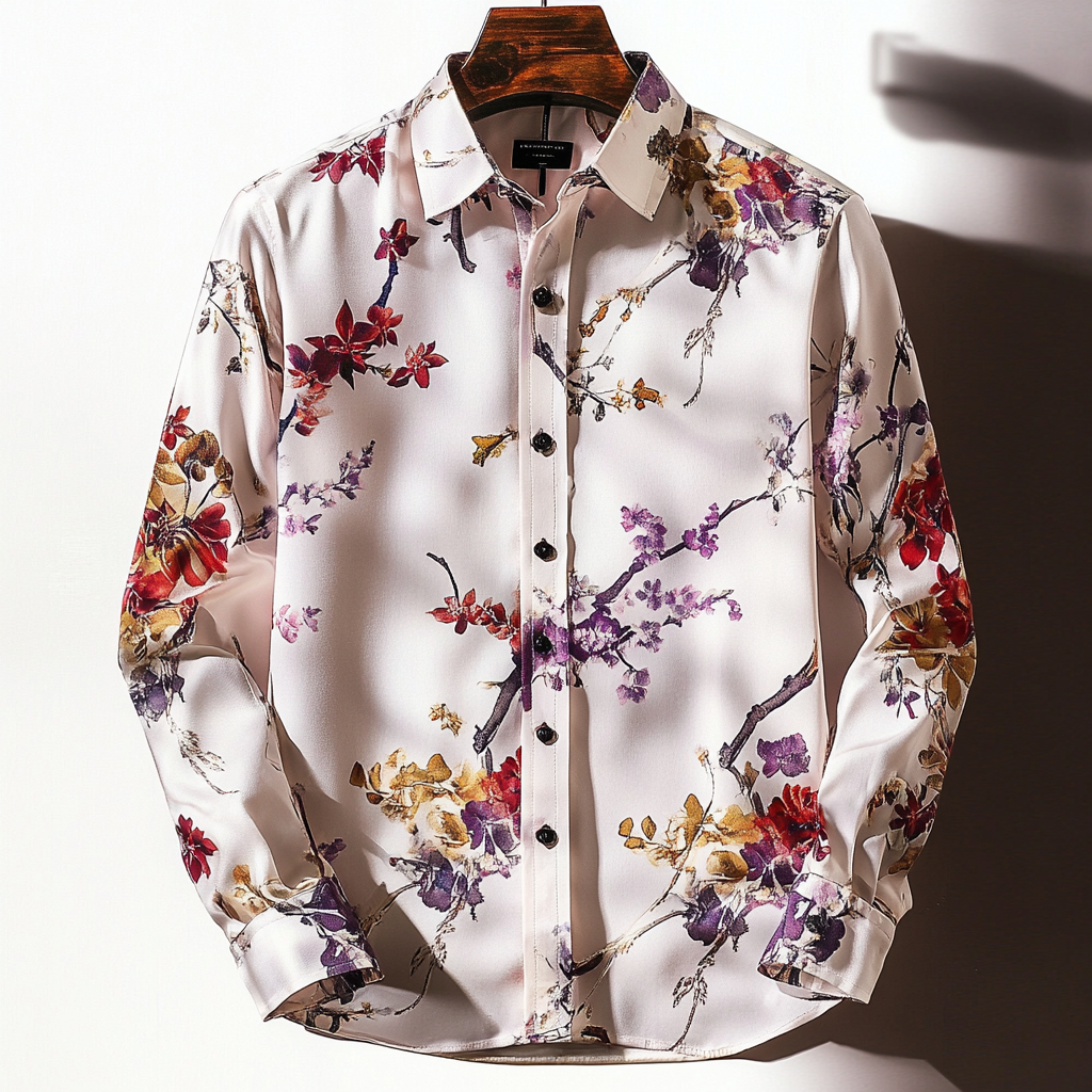 Slim fit flower and bird print men fashion shirt retro minimalis style