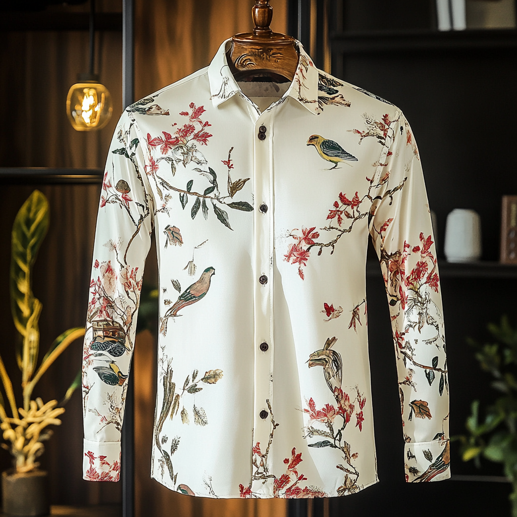 Slim fit flower and bird print men fashion shirt retro minimalis style
