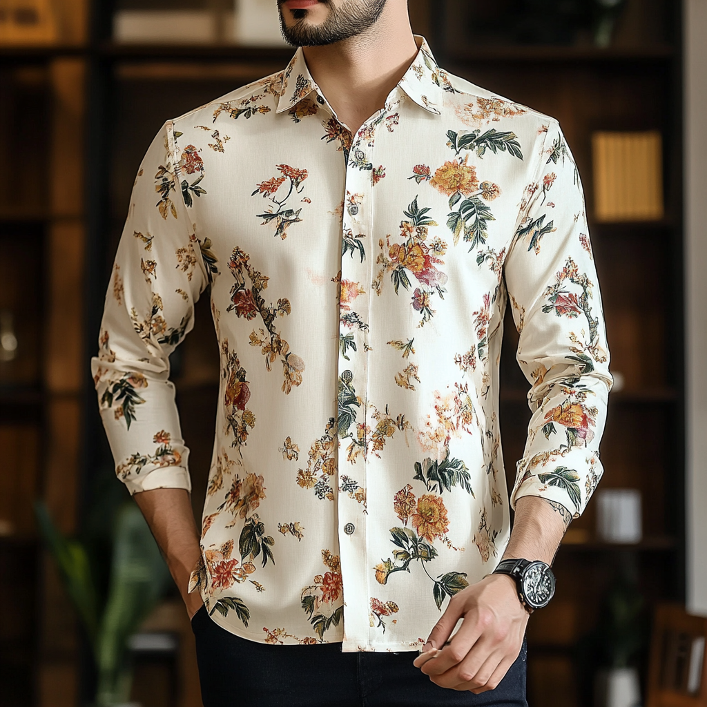Slim fit flower and bird print men fashion shirt retro minimalis style