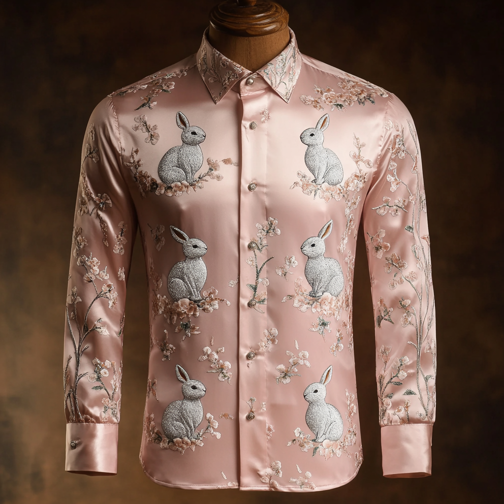 Fashionable and luxurious  exquisite men silk shirt Easter bunnies and floral garlands long-sleeved men silk shirt 