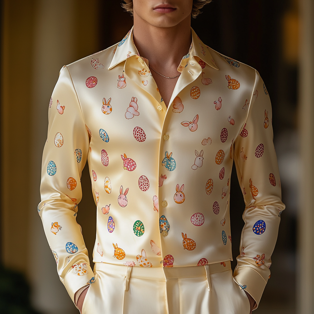 Fashionable and luxurious  exquisite men silk shirt Easter eggs and bunny silhouettes  long-sleeved men silk shirt 