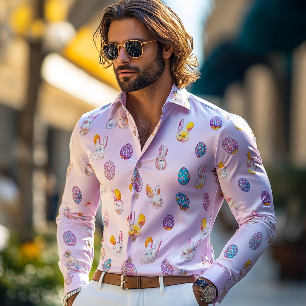 Fashionable and luxurious  exquisite men silk shirt  Easter bunnies and colorful eggs long-sleeved men silk shirt 