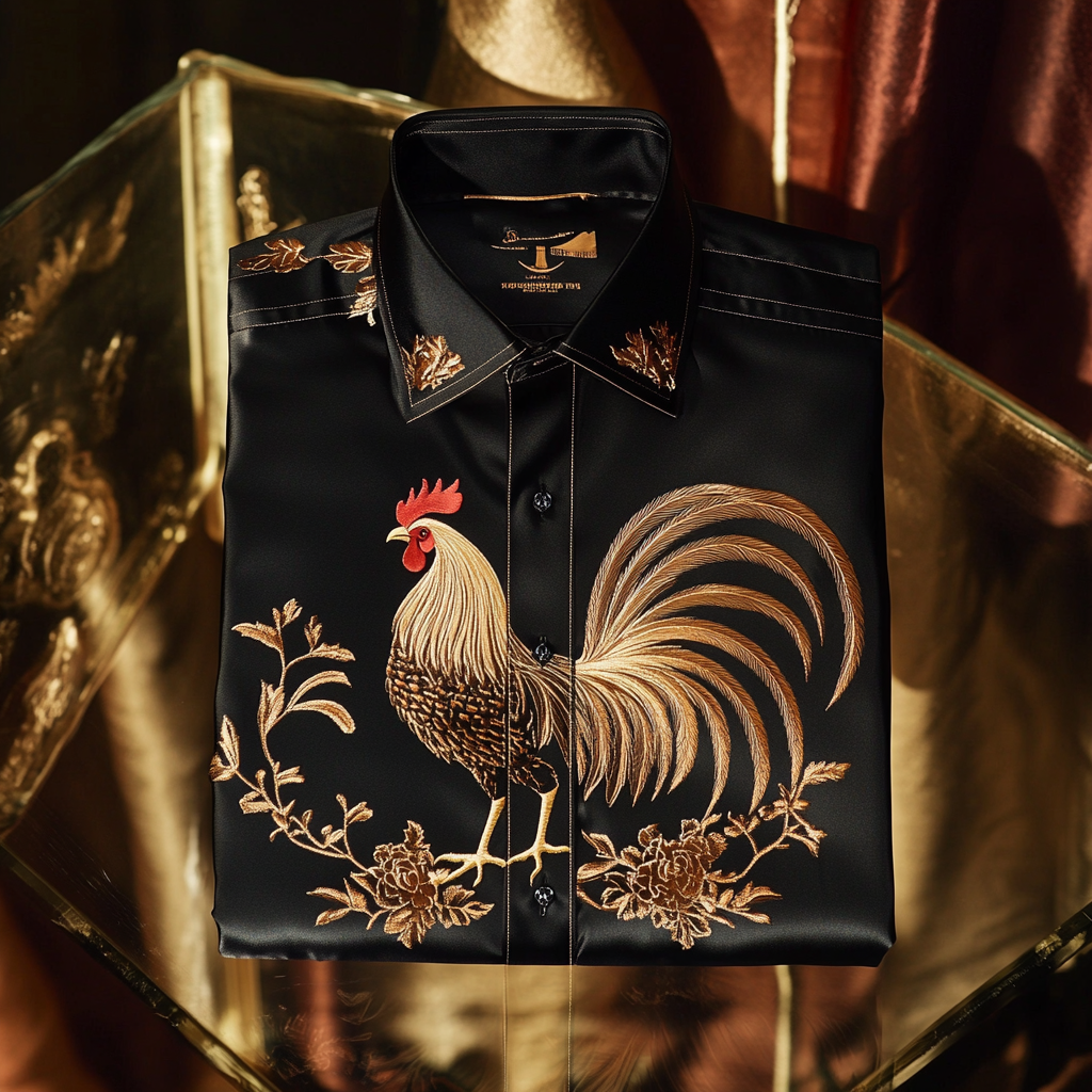 Men classic stylized rooster designformal casual long sleeve shirt
