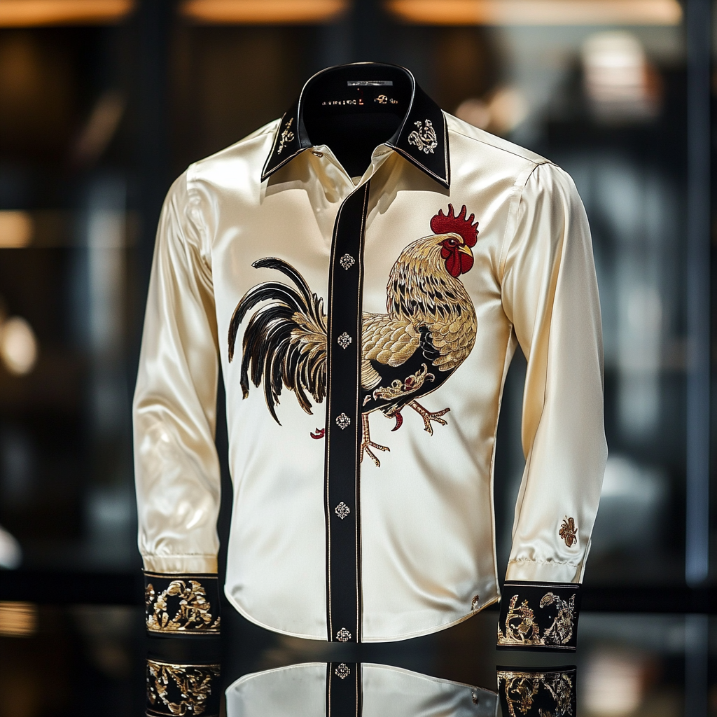 Men classic stylized rooster designformal casual long sleeve shirt