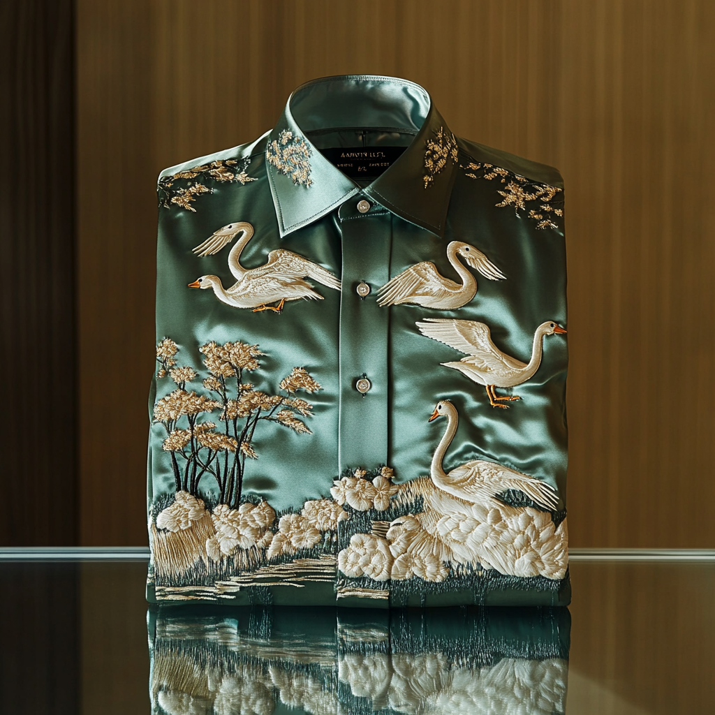 Men's premium quality silk shirt with stunning animal swan print business leisure vacation Long Sleeve Shirts