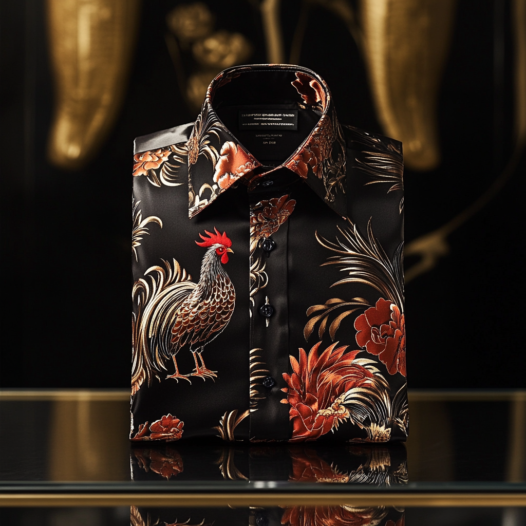 Men classic stylized rooster designformal casual long sleeve shirt