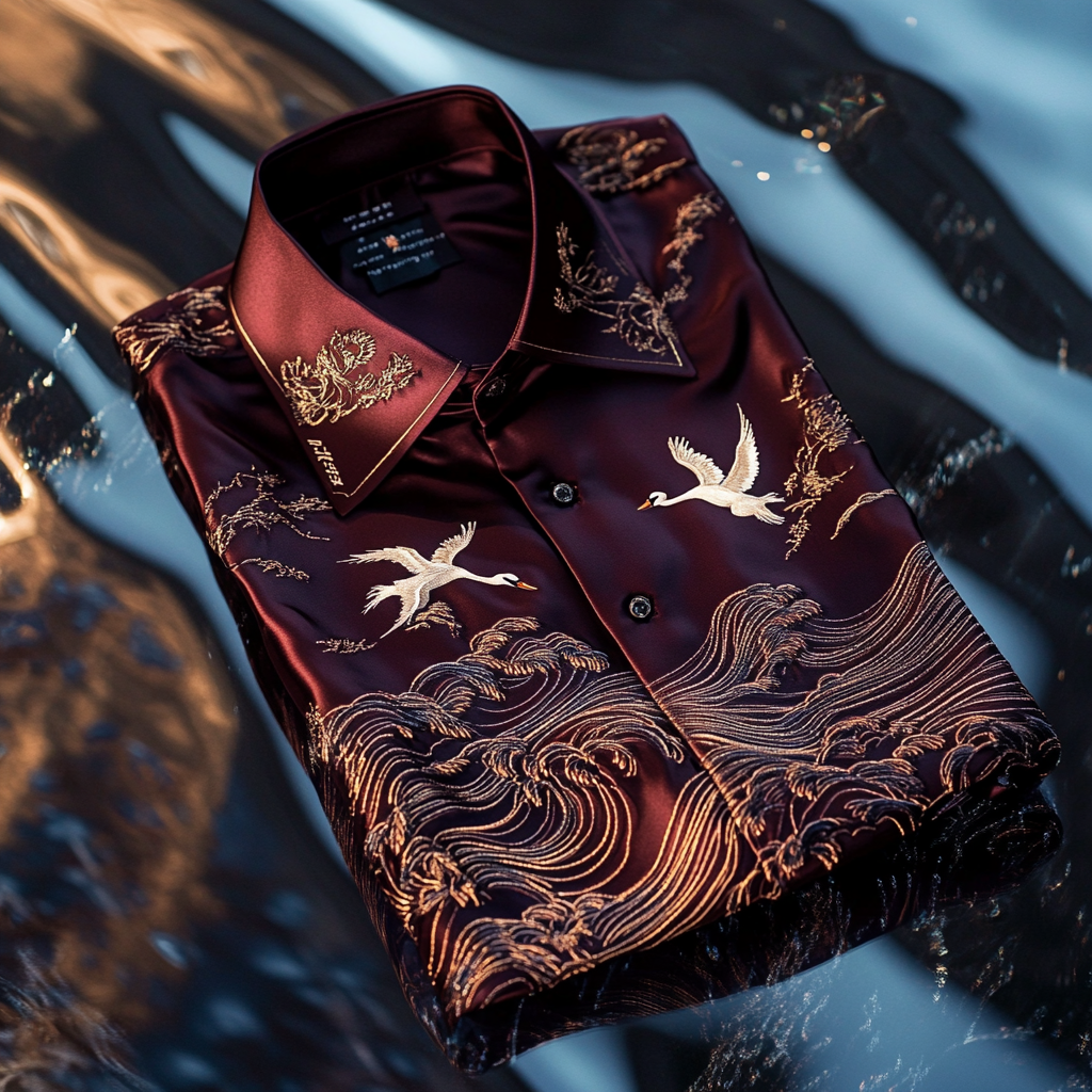 Men's premium quality silk shirt with stunning animal swan print business leisure vacation Long Sleeve Shirts