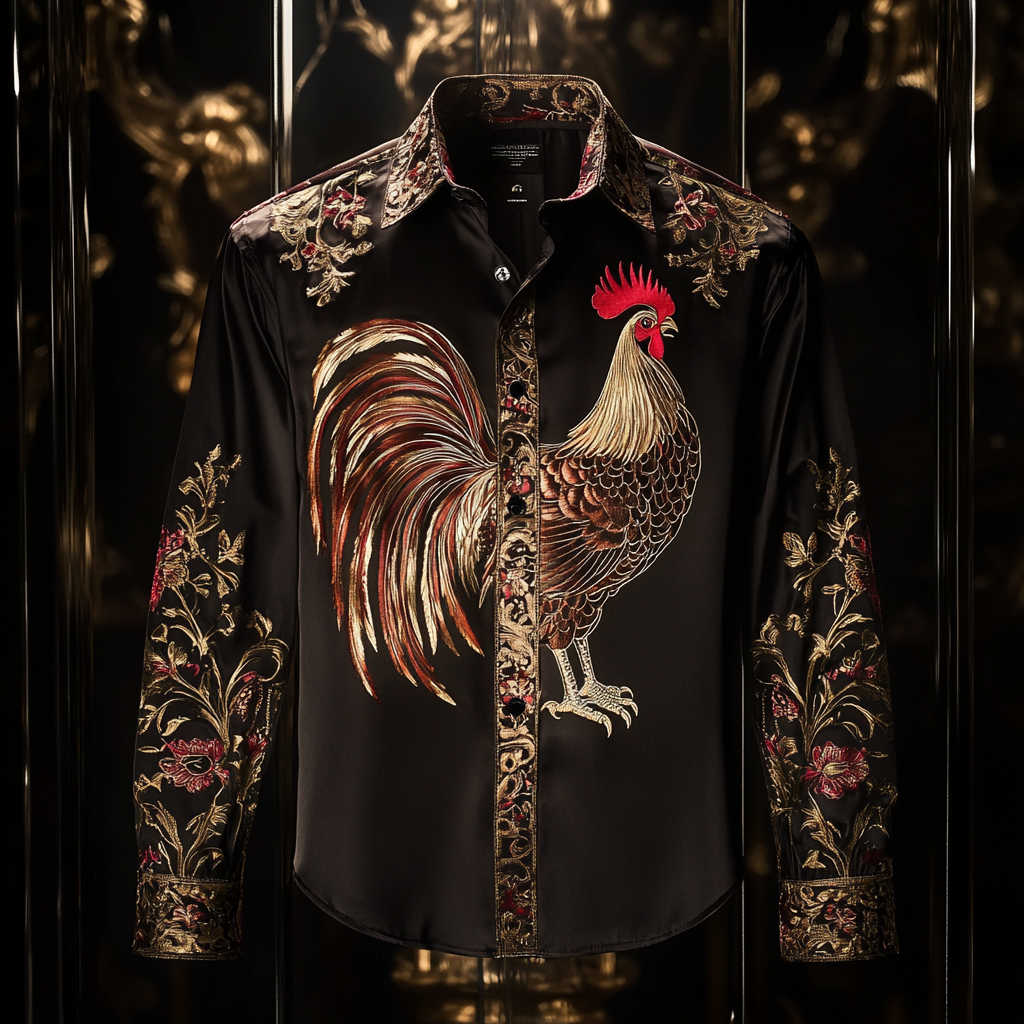 Men classic stylized rooster designformal casual long sleeve shirt