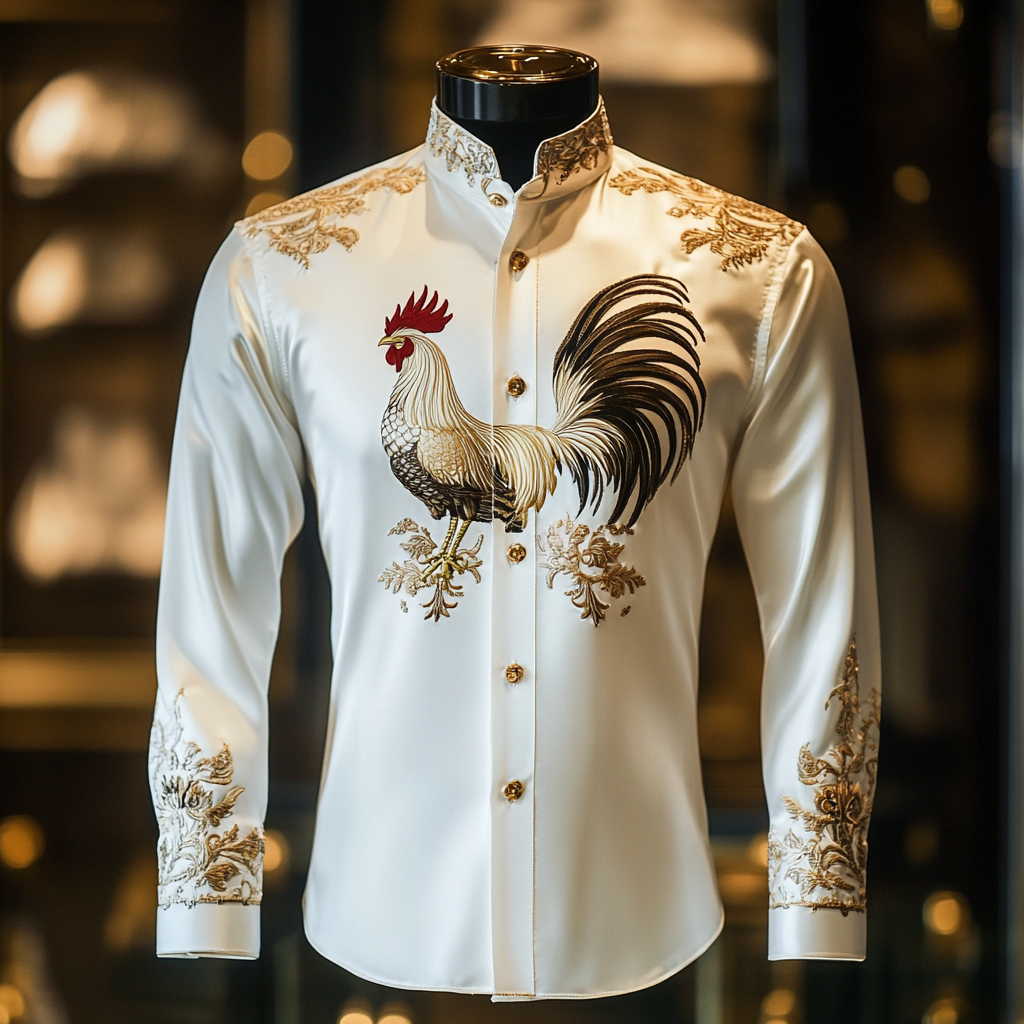 Men classic stylized rooster designformal casual long sleeve shirt