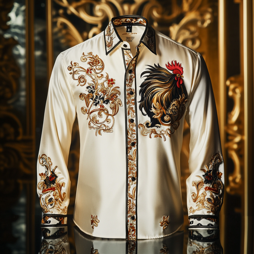Men classic stylized rooster designformal casual long sleeve shirt