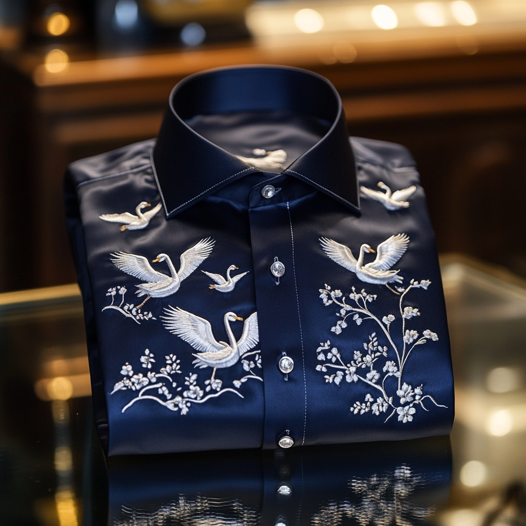 Men's premium quality silk shirt with stunning animal swan print business leisure vacation Long Sleeve Shirts