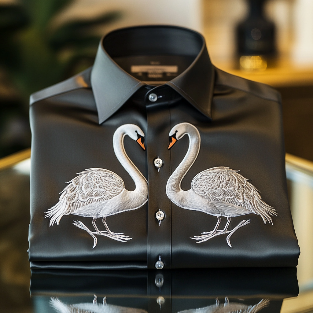 Men's premium quality silk shirt with stunning animal swan print business leisure vacation Long Sleeve Shirts