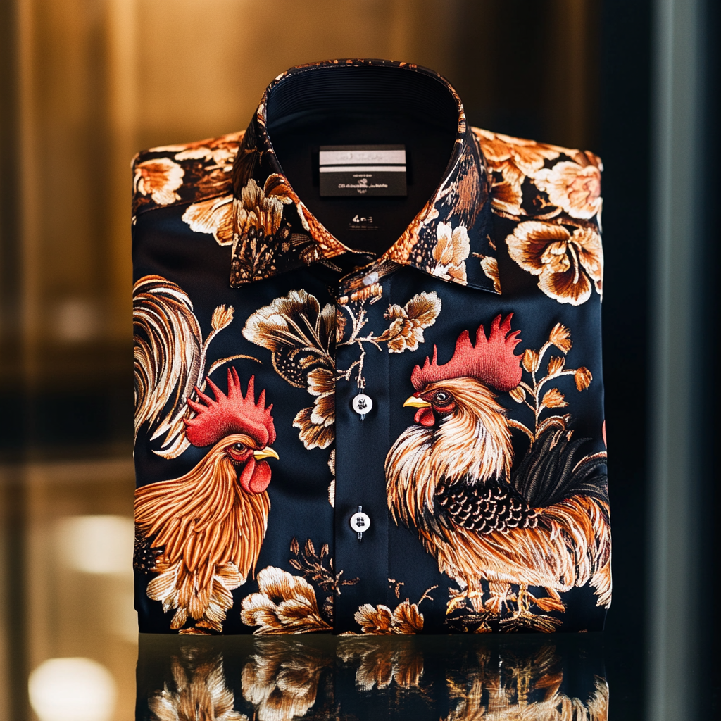 Men classic stylized rooster designformal casual long sleeve shirt
