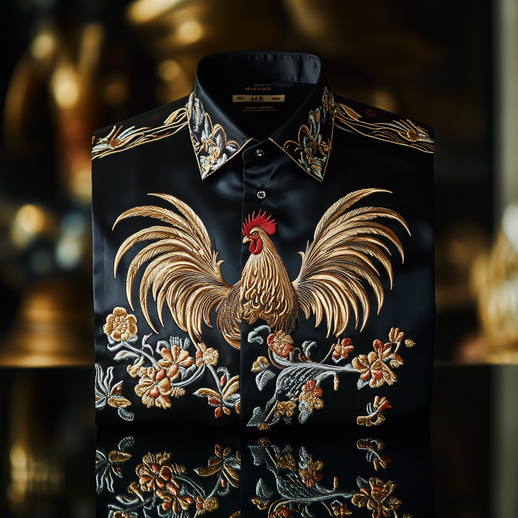 Men classic stylized rooster designformal casual long sleeve shirt