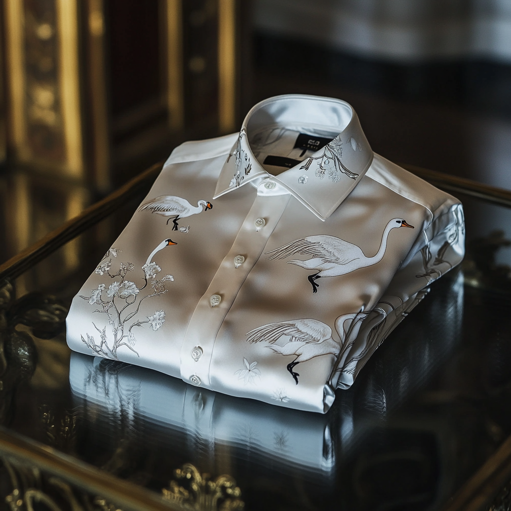 Men's premium quality silk shirt with stunning animal swan print business leisure vacation Long Sleeve Shirts
