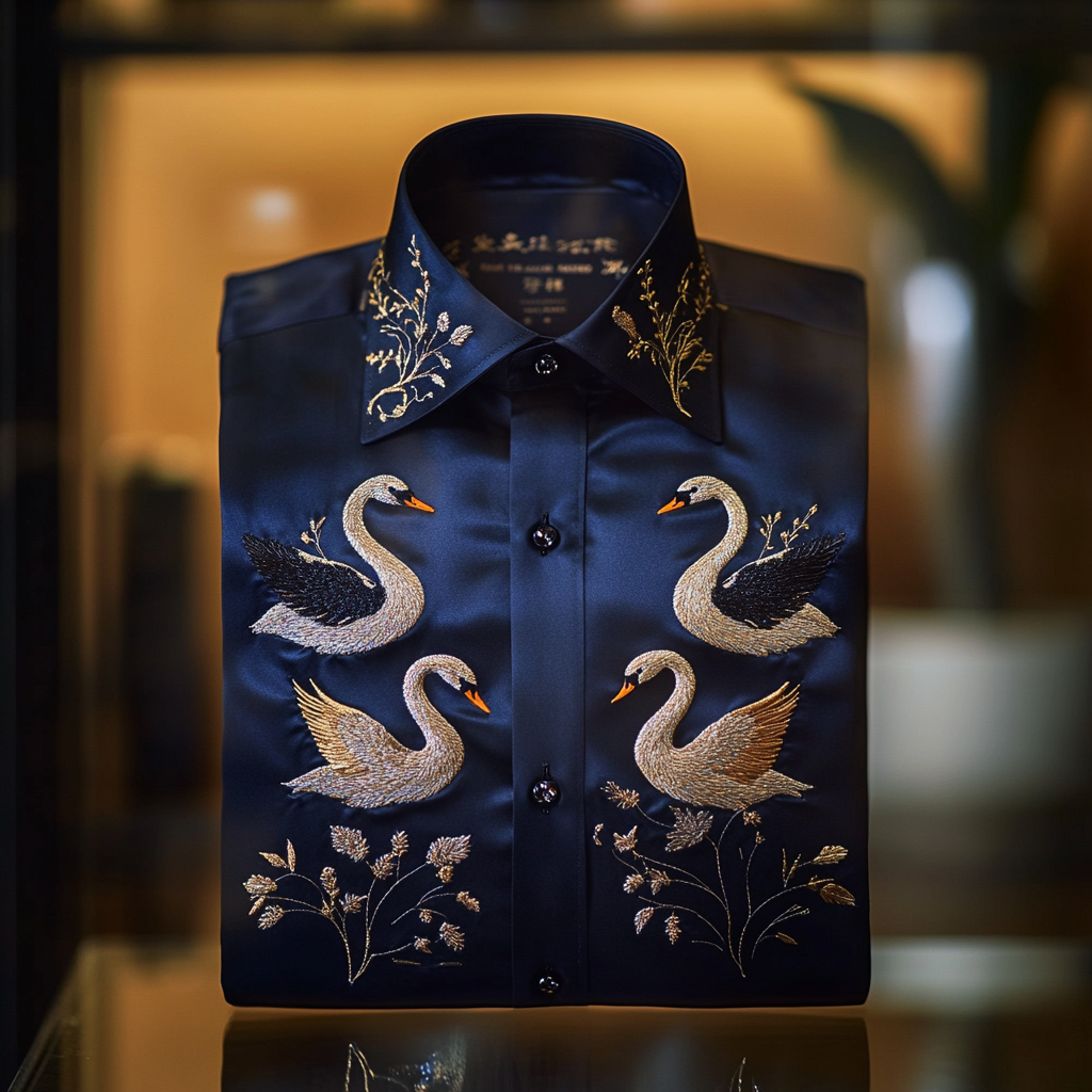 Men's premium quality silk shirt with stunning animal swan print business leisure vacation Long Sleeve Shirts