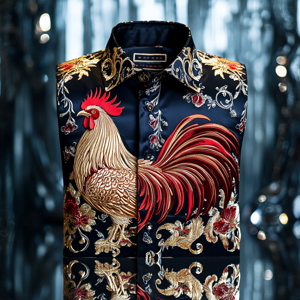 Men classic stylized rooster designformal casual long sleeve shirt