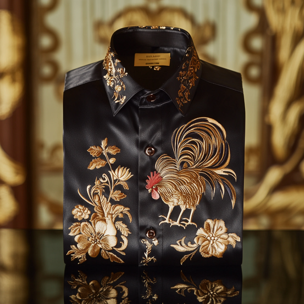 Men classic stylized rooster designformal casual long sleeve shirt