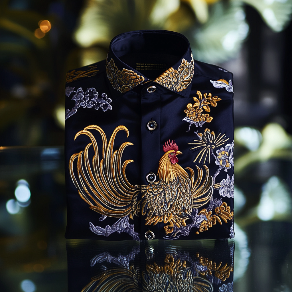 Men classic stylized rooster designformal casual long sleeve shirt