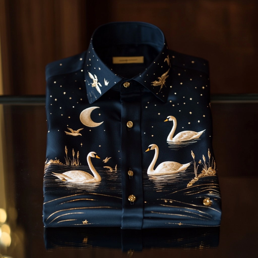 Men's premium quality silk shirt with stunning animal swan print business leisure vacation Long Sleeve Shirts