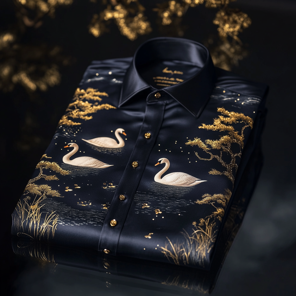 Men's premium quality silk shirt with stunning animal swan print business leisure vacation Long Sleeve Shirts
