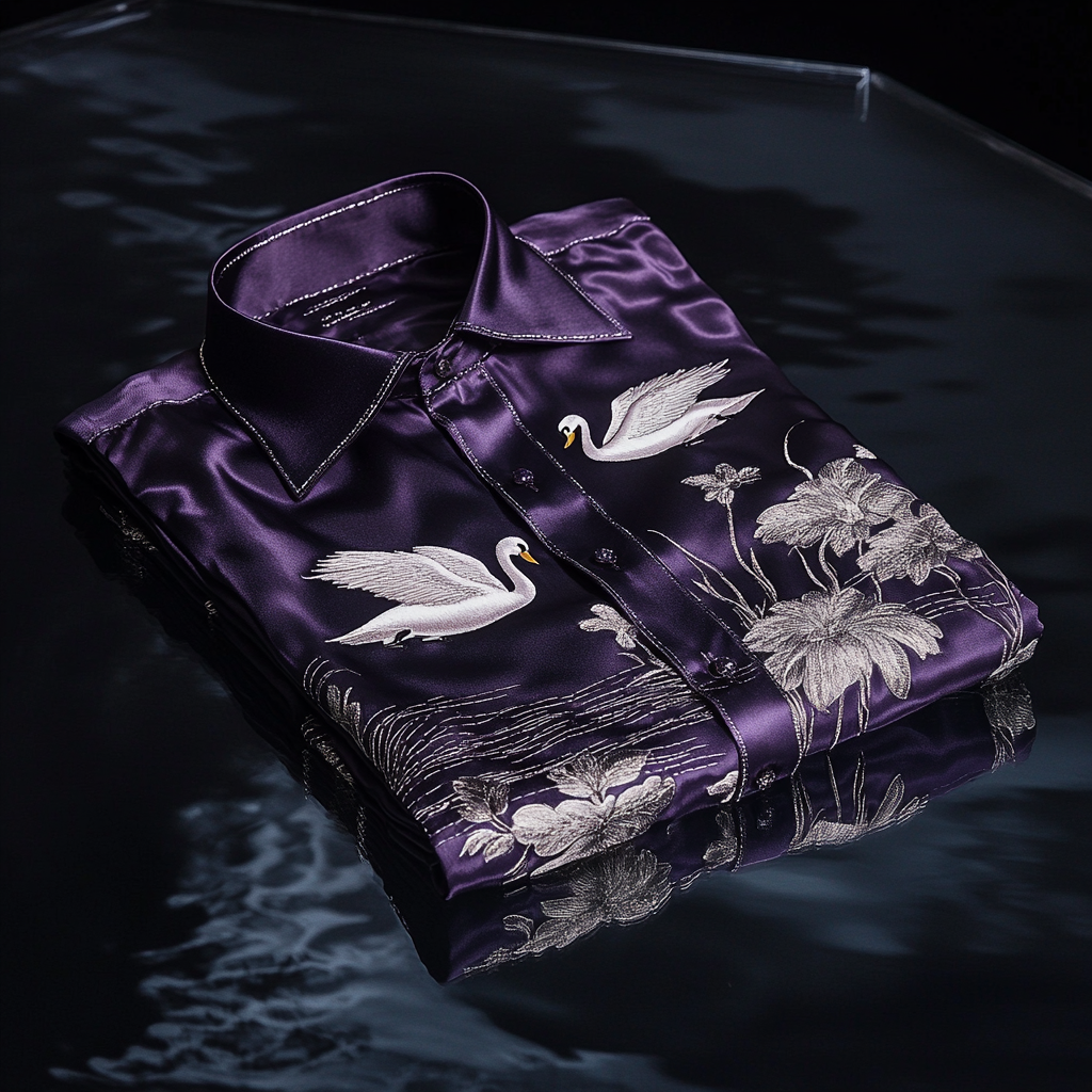 Men's premium quality silk shirt with stunning animal swan print business leisure vacation Long Sleeve Shirts