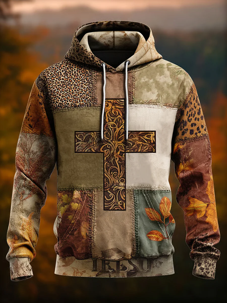 Men's Retro Casual Faith Cross Art Print Oversized Drop-Shoulder Pockets Hoodie