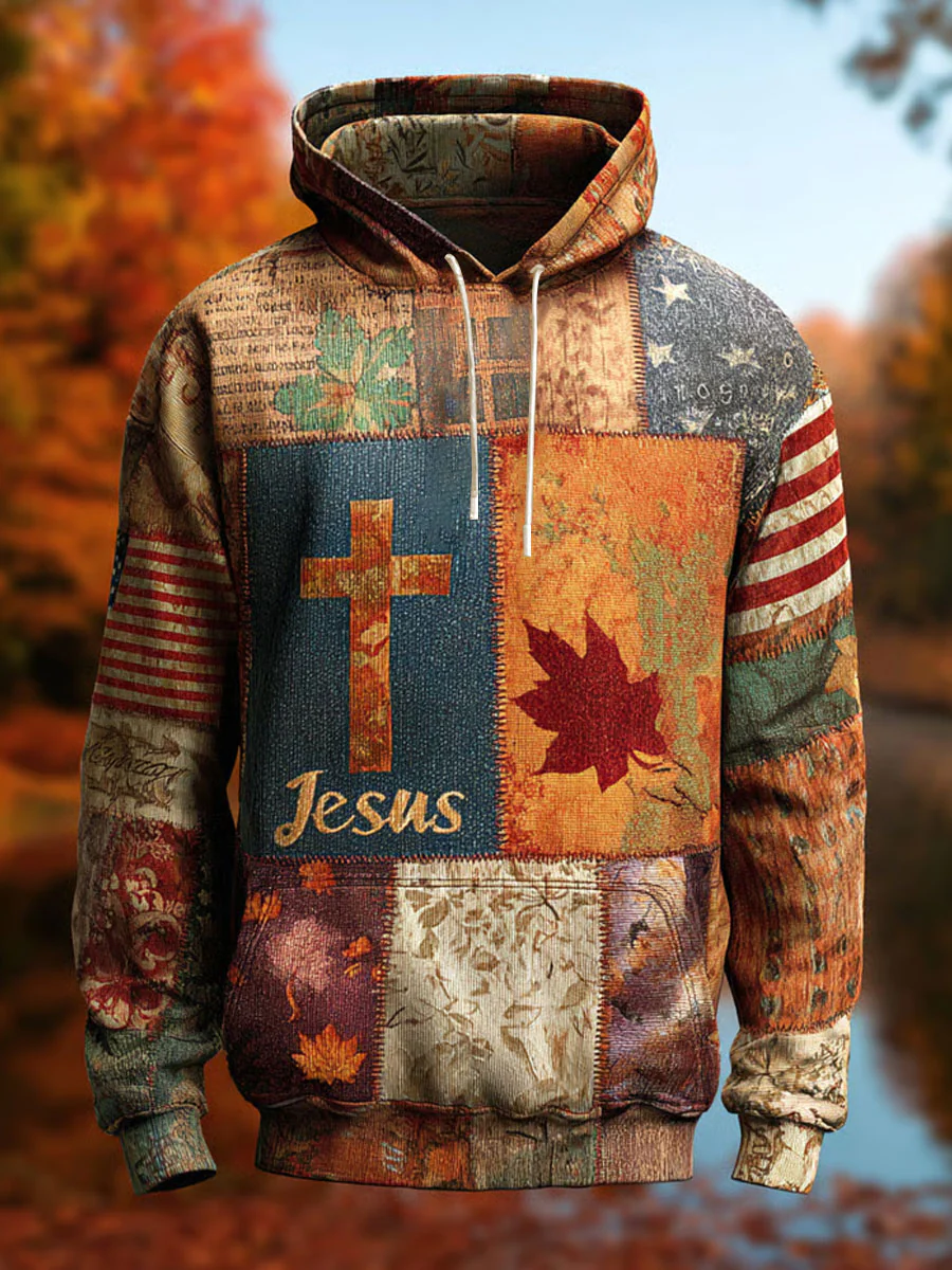 Men's Retro Casual Faith Cross Art Print Oversized Drop-Shoulder Pockets Hoodie