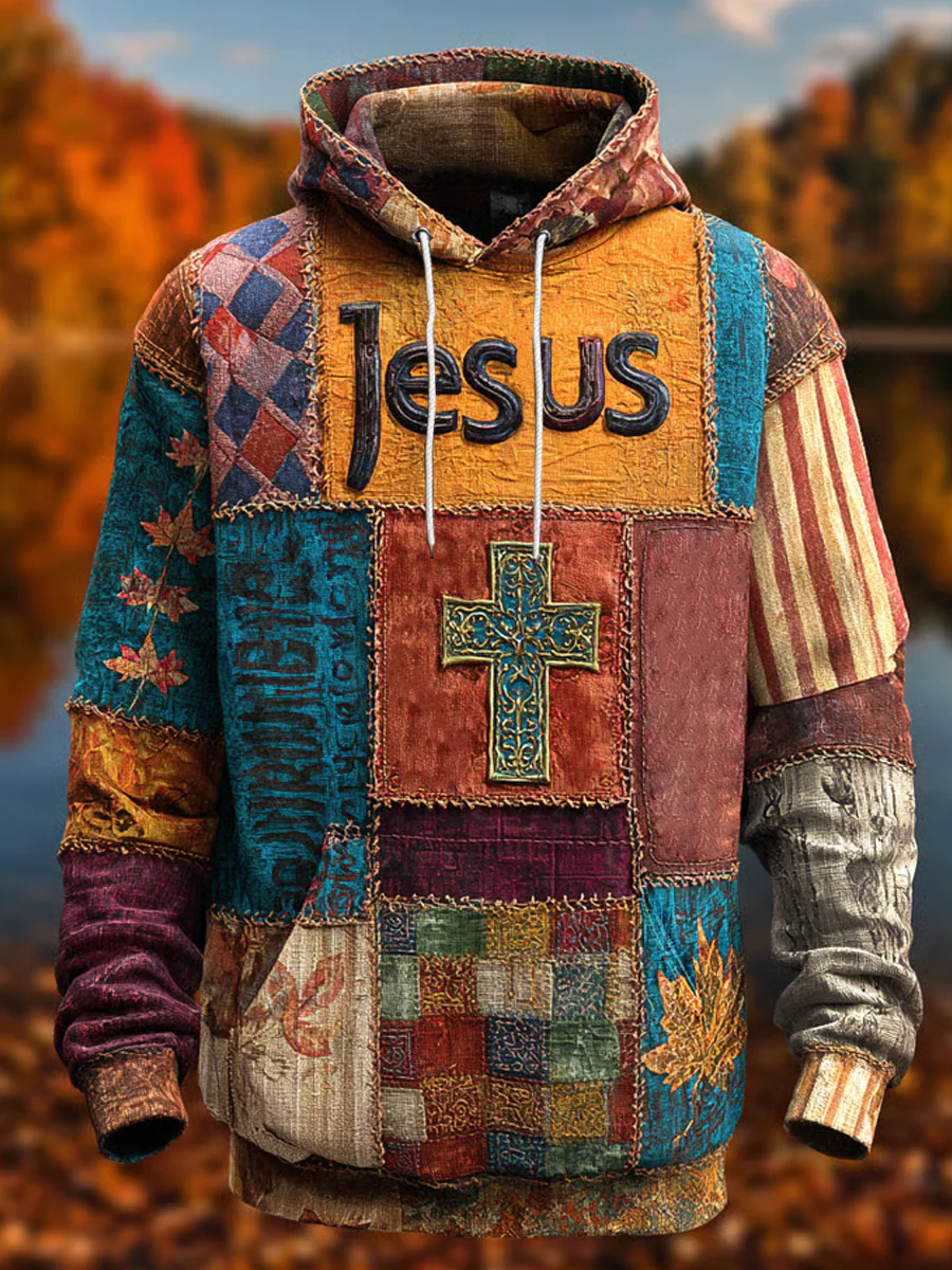 Men's Retro Casual Faith Cross Art Print Oversized Drop-Shoulder Pockets Hoodie