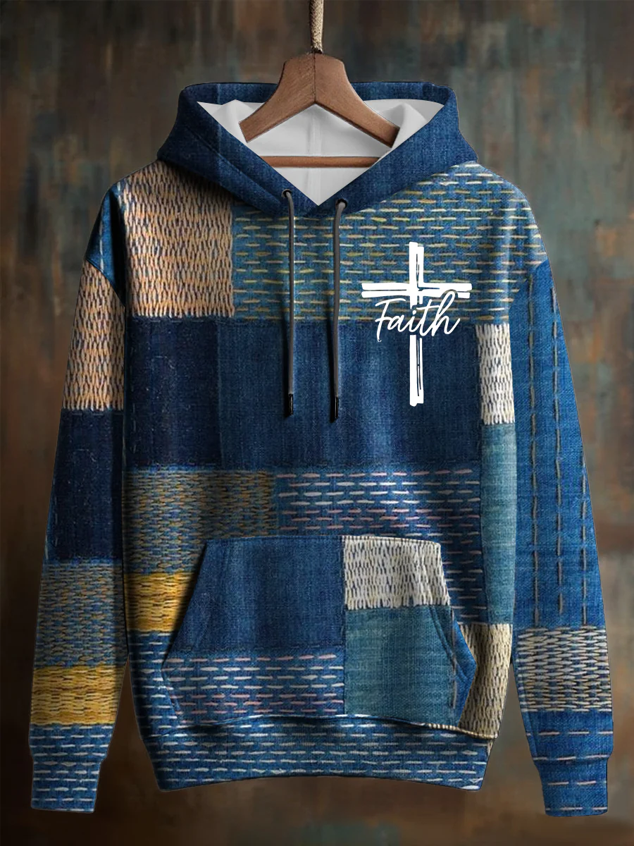 Men's Retro Casual Faith Cross Art Print Oversized Drop-Shoulder Pockets Hoodie