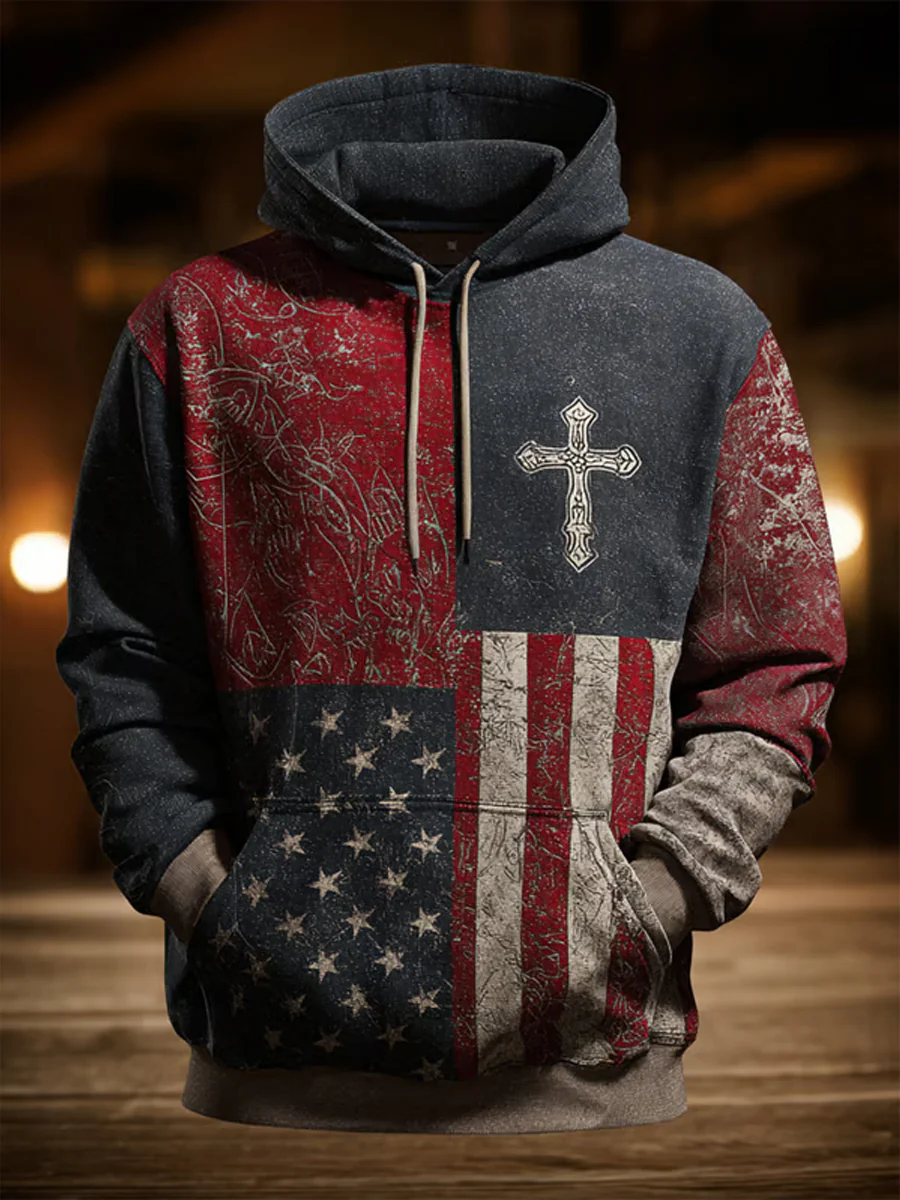 Men's Retro Casual Faith Cross Art Print Oversized Drop-Shoulder Pockets Hoodie