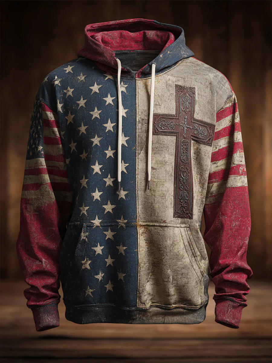 Men's Retro Casual Faith Cross Art Print Oversized Drop-Shoulder Pockets Hoodie