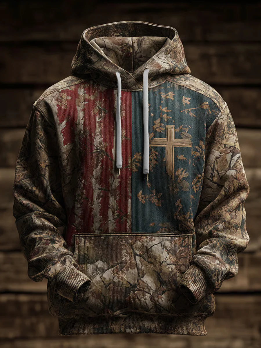 Men's Retro Casual Faith Cross Art Print Oversized Drop-Shoulder Pockets Hoodie