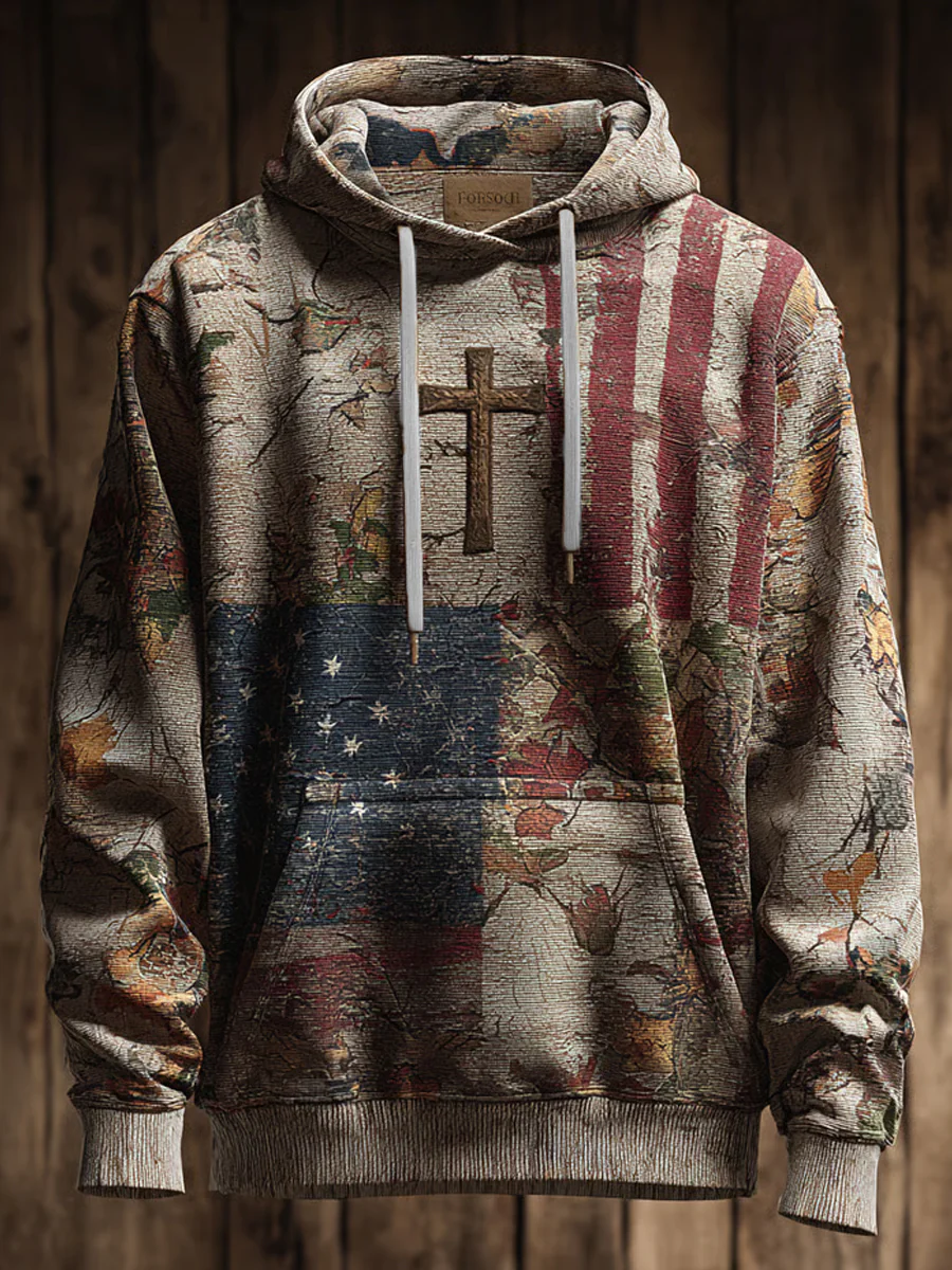 Men's Retro Casual Faith Cross Art Print Oversized Drop-Shoulder Pockets Hoodie