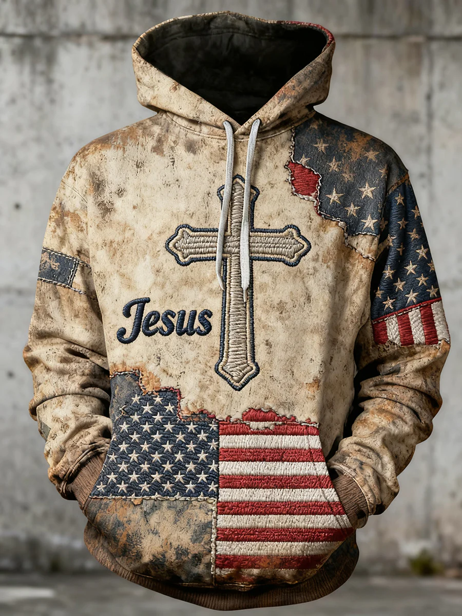 Men's Retro Casual Faith Cross Art Print Oversized Drop-Shoulder Pockets Hoodie