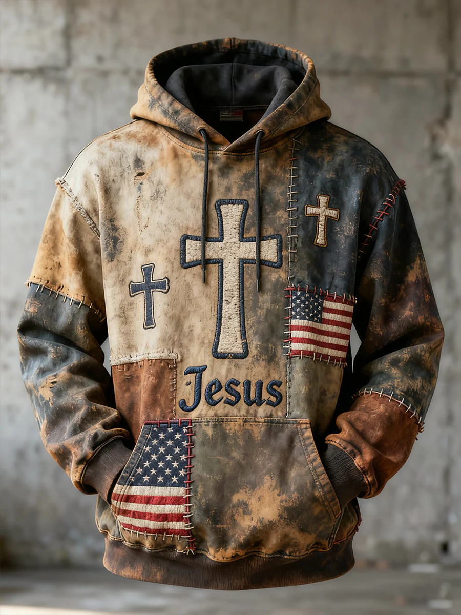 Men's Retro Casual Faith Cross Art Print Oversized Drop-Shoulder Pockets Hoodie