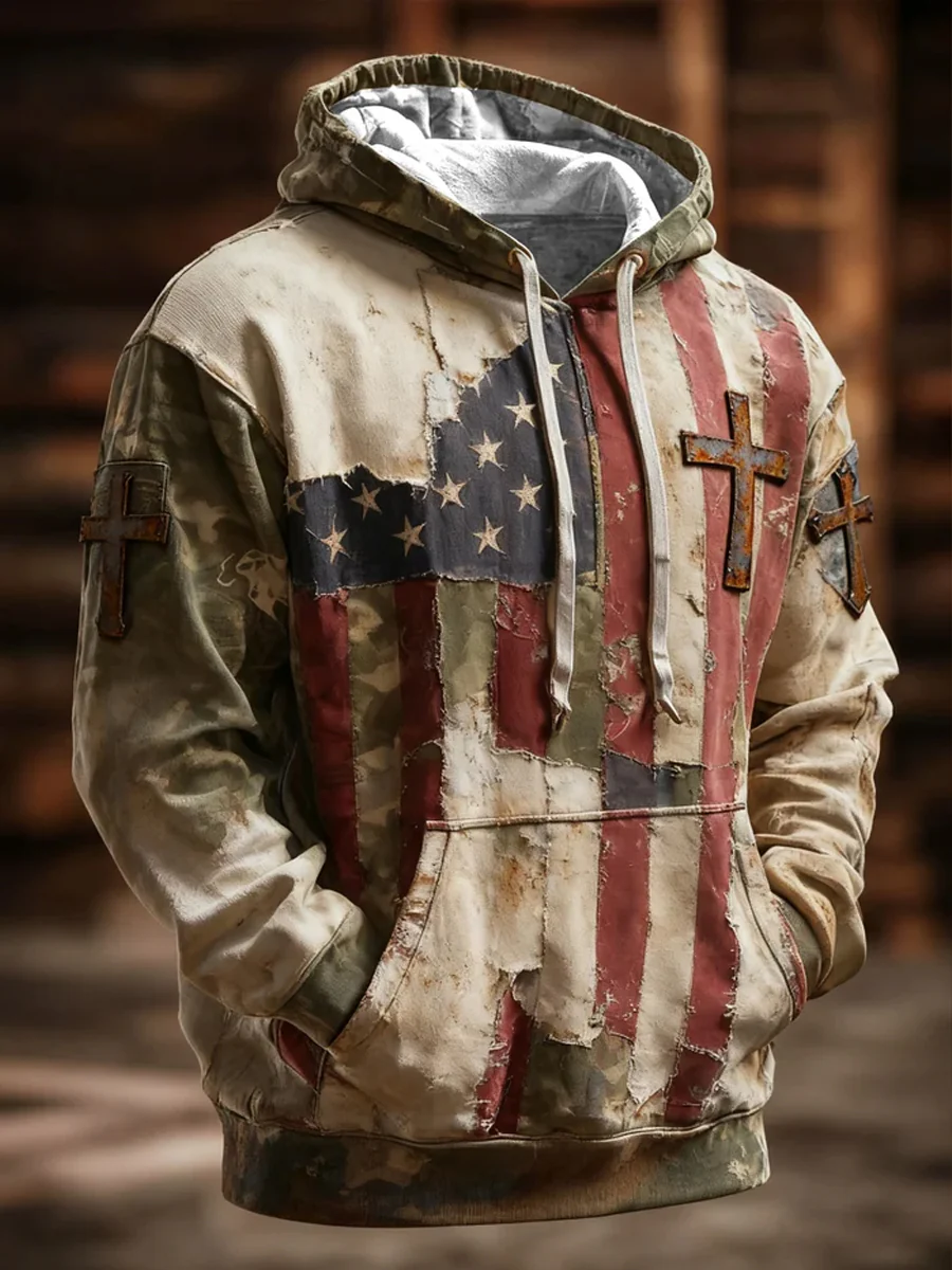 Men's Retro Casual Faith Cross Art Print Oversized Drop-Shoulder Pockets Hoodie