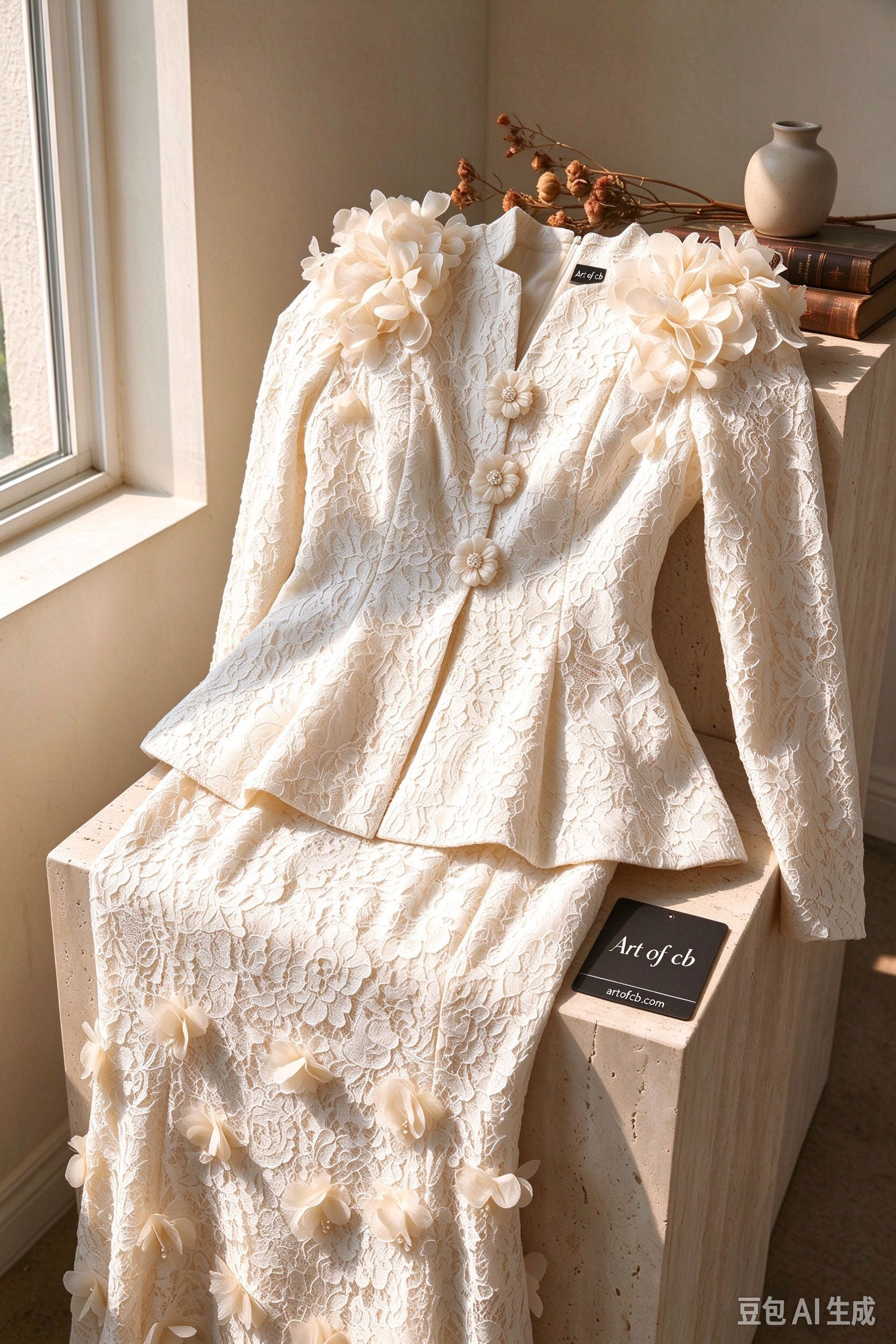 Ivory Corded Floral Lace Two-Piece Skirt Suit